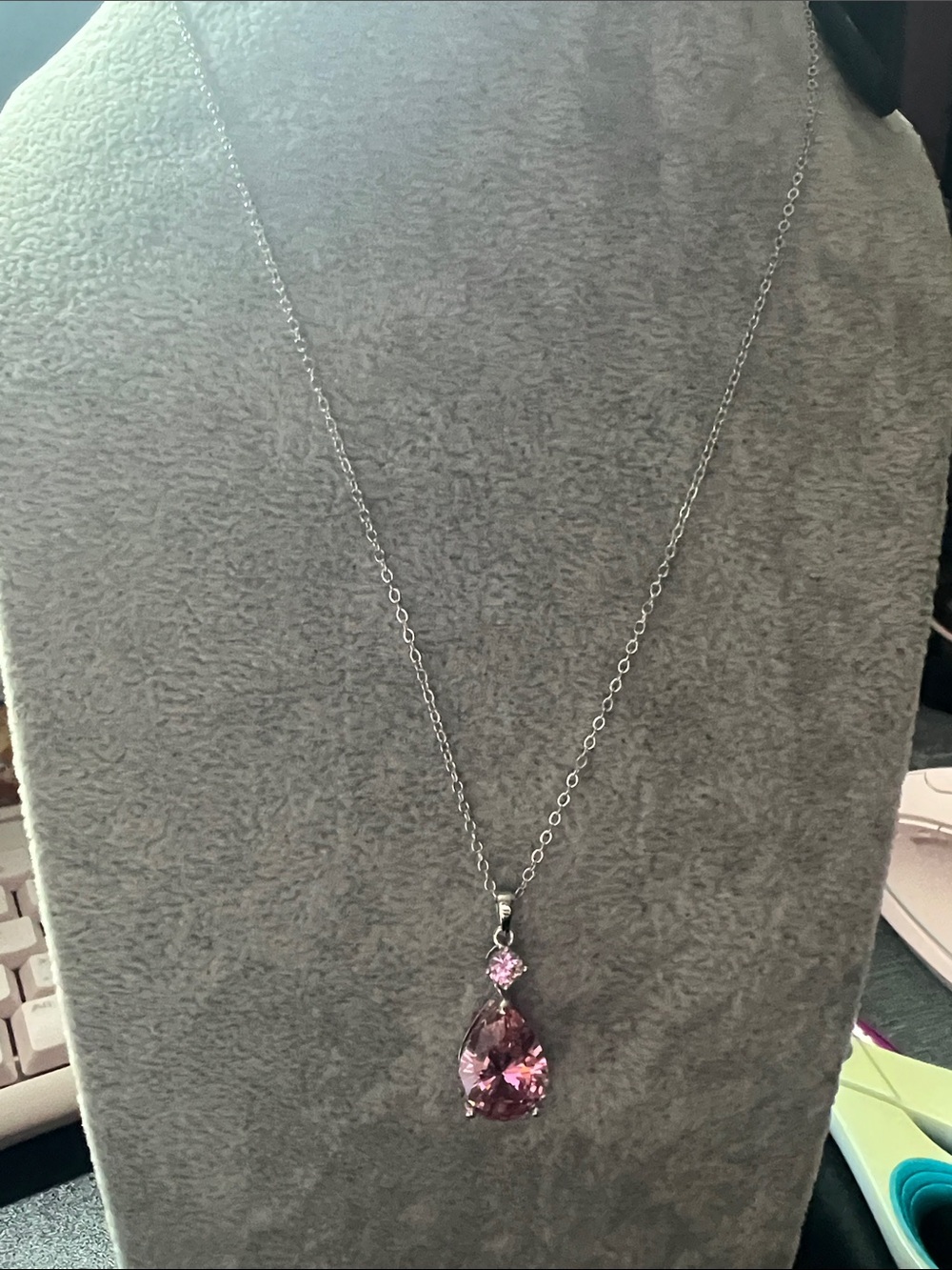 Silver Necklace with Pink Teardrop Crystal Pendant